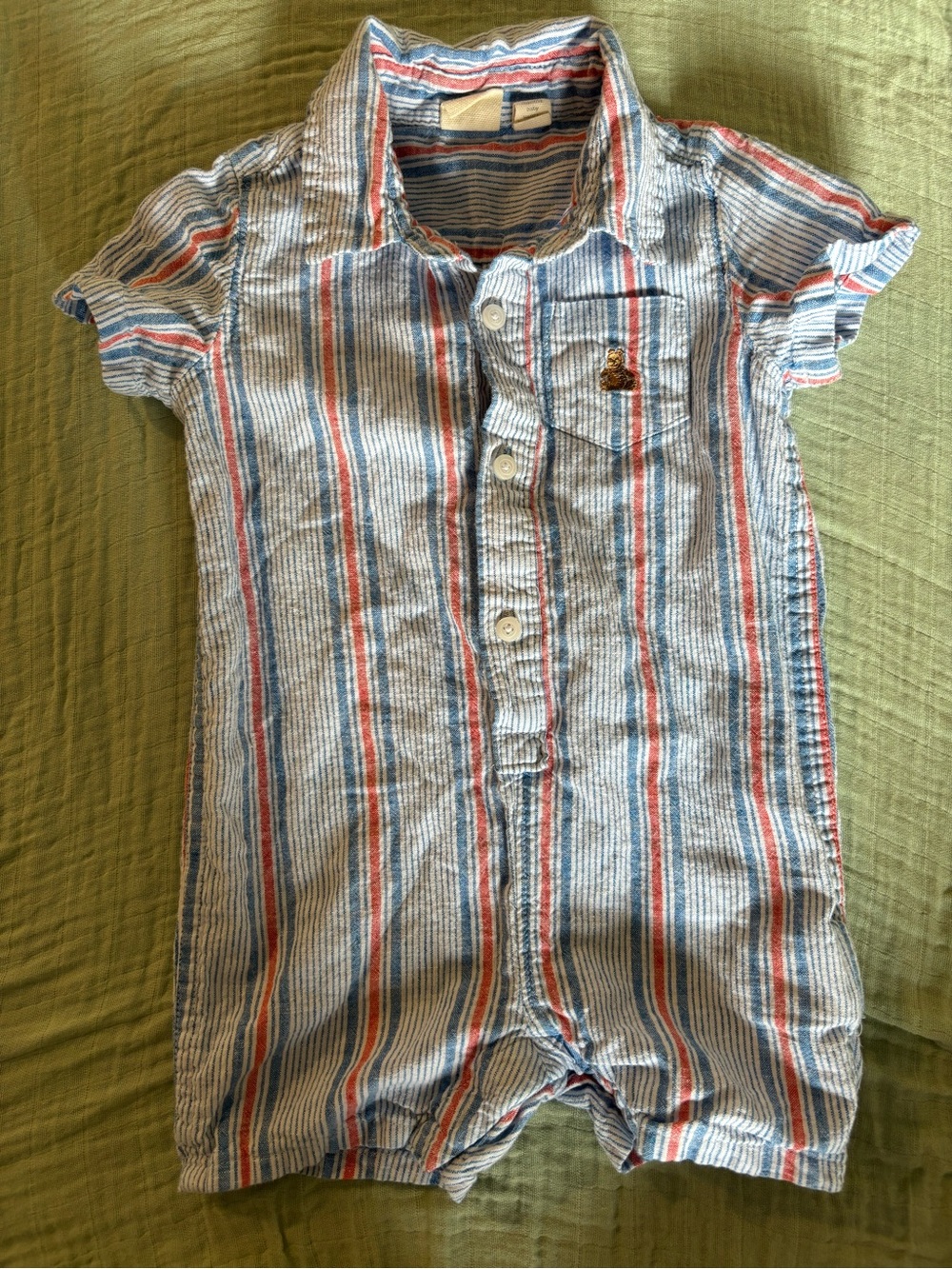 Striped Short-Sleeve Baby GAP Romper with Pocket Embroidery - Blue/Red/White